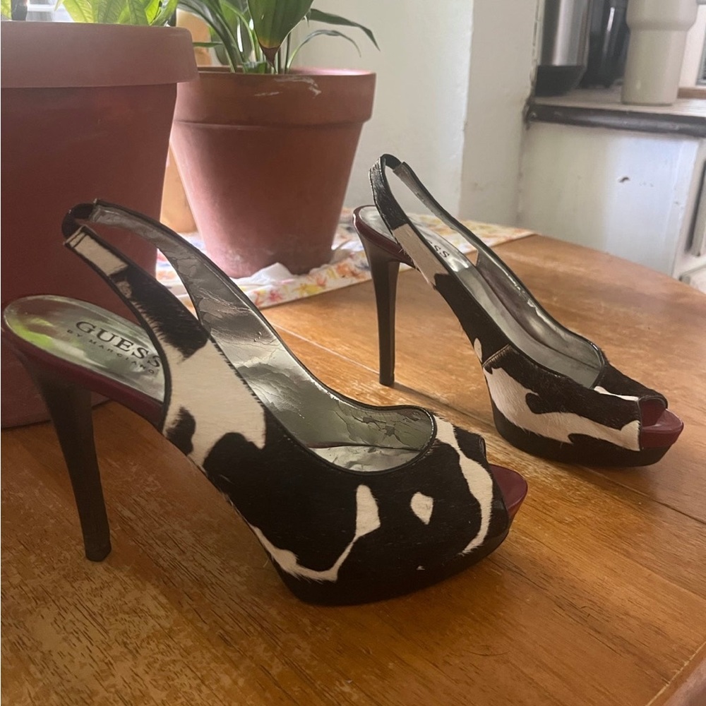 Guess sling back heels stiletto cow print pony hair peep toe